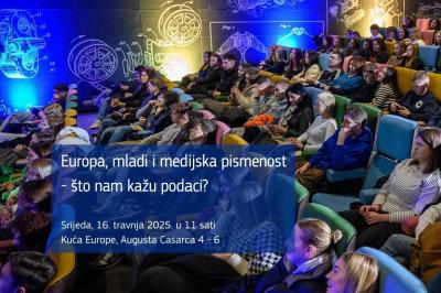 U srijedu 16. travnja 2025., od 11 do 12.30 sati u Kući Europe, u Ulici Augusta Cesarca 4-6 u Zagrebu, održat će se panel s mladima “Europa, mladi i medijska pismenost – što nam kažu podaci?“.