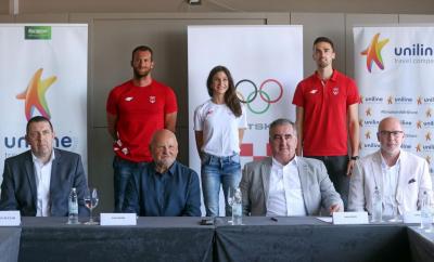 Zagreb, 09.07.2021 - Konferencija za medije na kojoj je predstavljen nastavak suradnje između Hrvatskog olimpijskog odbora i putničke agencije Uniline, slubenog sponzora hrvatskih olimpijaca. Na slici Kristijan ustar, predsjednik HOO-a Zlatko Matea, Boris gomba, glavni tajnik HOO-a Sinia Krajač, olimpijci za Tokio veslač Damir Martin i karatist Ivan Kvesić, te olimpijka iz taekwondoa Kristina Tomić. foto HINA/ Damir SENČAR/ ds